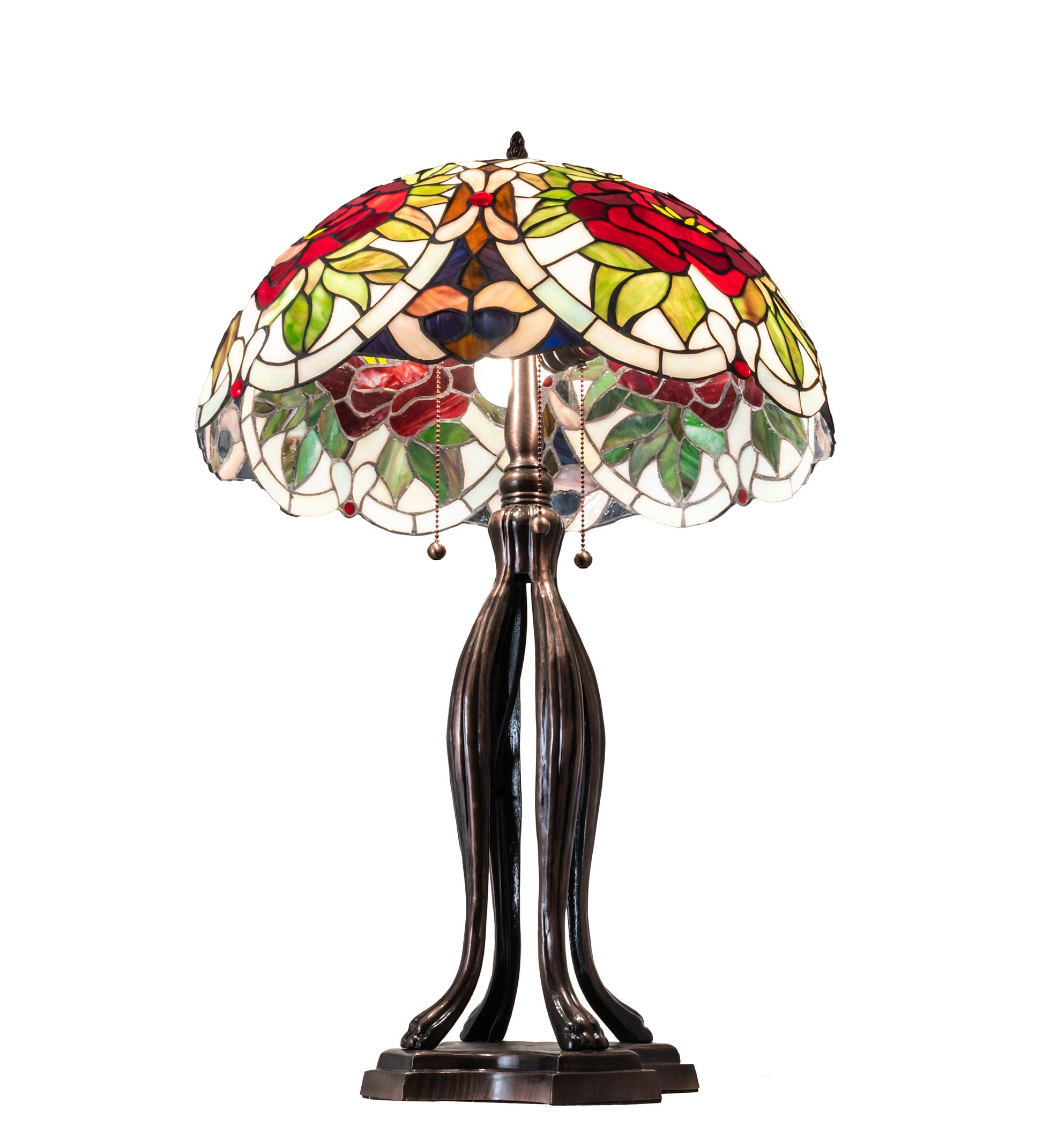 Meyda Lighting Renaissance Rose 30" 3-Light Mahogany Bronze Table Lamp With Multi-Colored Stained Shade Glass