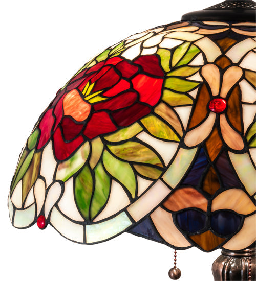 Meyda Lighting Renaissance Rose 30" 3-Light Mahogany Bronze Table Lamp With Multi-Colored Stained Shade Glass