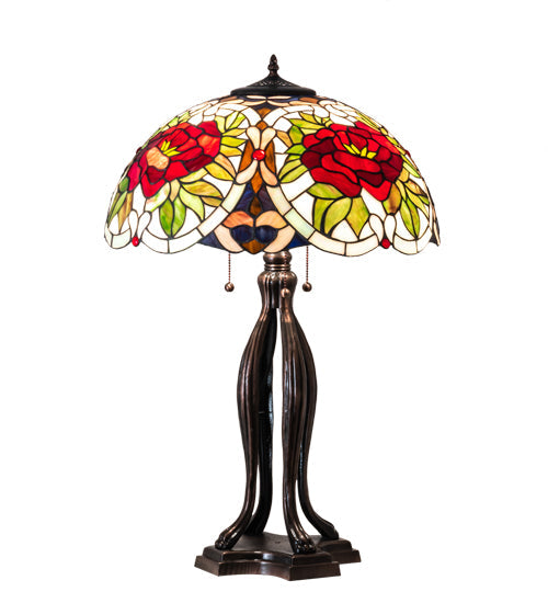 Meyda Lighting Renaissance Rose 30" 3-Light Mahogany Bronze Table Lamp With Multi-Colored Stained Shade Glass