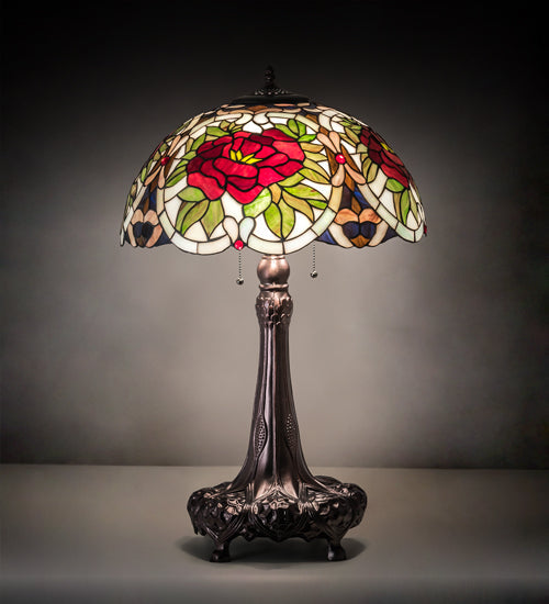 Meyda Lighting Renaissance Rose 31" 3-Light Mahogany Bronze Table Lamp With Multi-Colored Stained Shade Glass