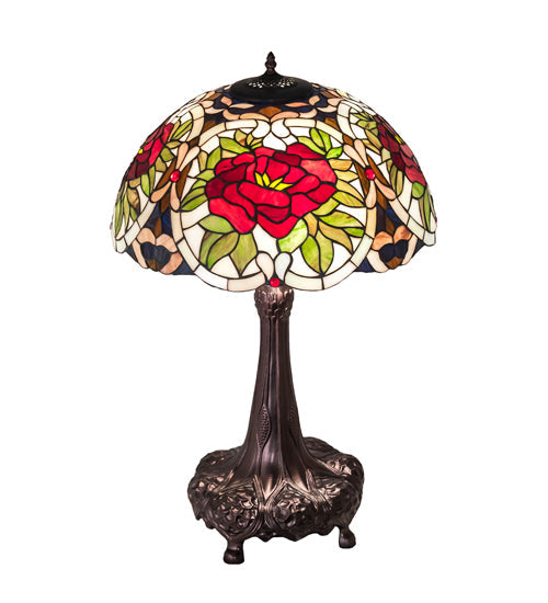 Meyda Lighting Renaissance Rose 31" 3-Light Mahogany Bronze Table Lamp With Multi-Colored Stained Shade Glass