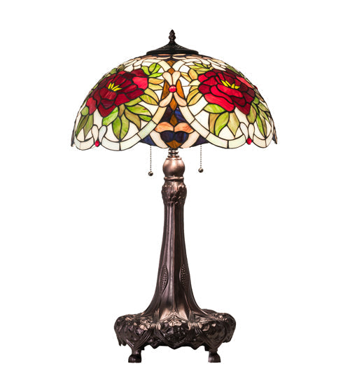 Meyda Lighting Renaissance Rose 31" 3-Light Mahogany Bronze Table Lamp With Multi-Colored Stained Shade Glass