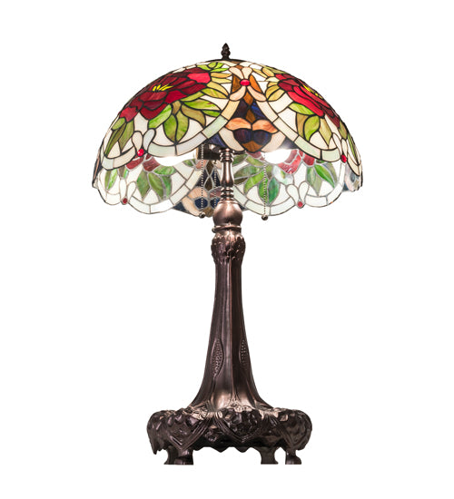 Meyda Lighting Renaissance Rose 31" 3-Light Mahogany Bronze Table Lamp With Multi-Colored Stained Shade Glass