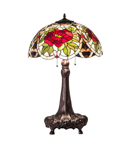 Meyda Lighting Renaissance Rose 31" 3-Light Mahogany Bronze Table Lamp With Multi-Colored Stained Shade Glass