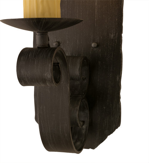 Meyda Lighting Renzo 116261 7" Antique Iron Gate Wall Sconce With Amber Faux Candlelight