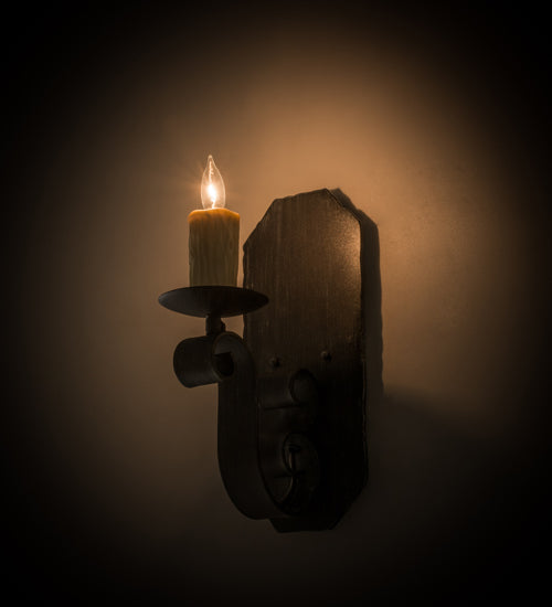 Meyda Lighting Renzo 116261 7" Antique Iron Gate Wall Sconce With Amber Faux Candlelight