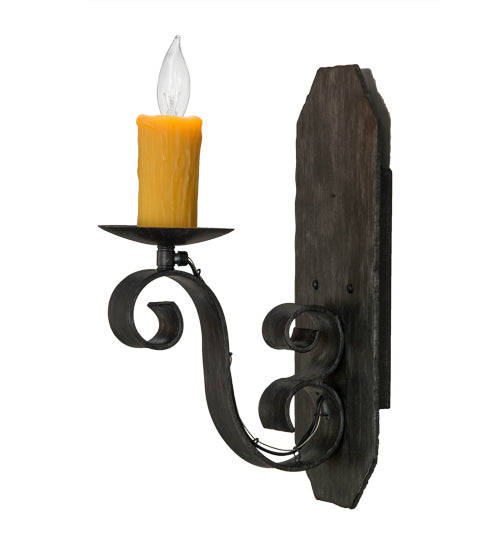 Meyda Lighting Renzo 155248 7" Antique Iron Gate Wall Sconce With Amber Faux Candlelight