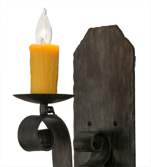 Meyda Lighting Renzo 155248 7" Antique Iron Gate Wall Sconce With Amber Faux Candlelight