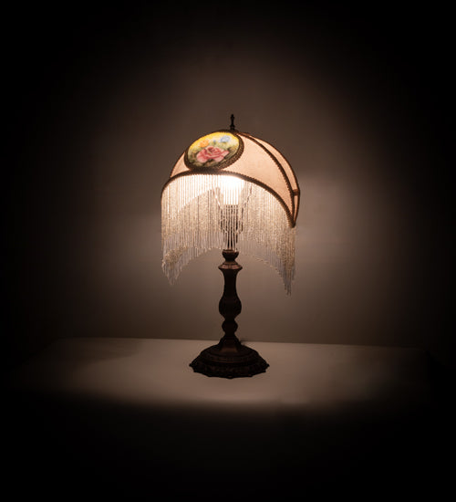 Meyda Lighting Reverse Painted 11" Mahogany Bronze Accent Table Lamp With Beige Painted Roses Fabric Shade and Fringe