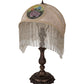 Meyda Lighting Reverse Painted 11" Mahogany Bronze Accent Table Lamp With Beige Painted Roses Fabric Shade and Fringe