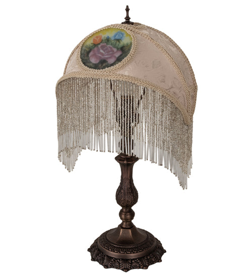 Meyda Lighting Reverse Painted 11" Mahogany Bronze Accent Table Lamp With Beige Painted Roses Fabric Shade and Fringe