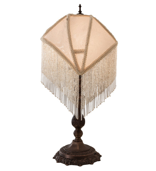 Meyda Lighting Reverse Painted 11" Mahogany Bronze Accent Table Lamp With Beige Painted Roses Fabric Shade and Fringe