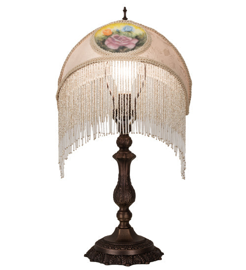 Meyda Lighting Reverse Painted 11" Mahogany Bronze Accent Table Lamp With Beige Painted Roses Fabric Shade and Fringe