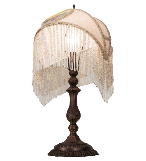 Meyda Lighting Reverse Painted 11" Mahogany Bronze Accent Table Lamp With Beige Painted Roses Fabric Shade and Fringe