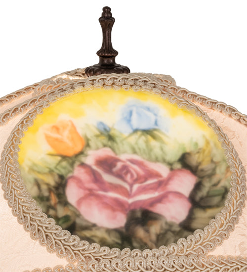Meyda Lighting Reverse Painted 11" Mahogany Bronze Accent Table Lamp With Beige Painted Roses Fabric Shade and Fringe