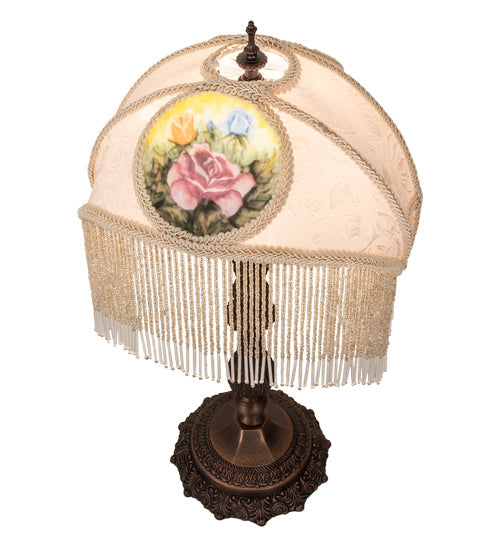Meyda Lighting Reverse Painted 11" Mahogany Bronze Accent Table Lamp With Beige Painted Roses Fabric Shade and Fringe