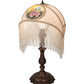 Meyda Lighting Reverse Painted 11" Mahogany Bronze Accent Table Lamp With Beige Painted Roses Fabric Shade and Fringe