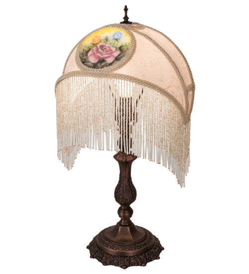 Meyda Lighting Reverse Painted 11" Mahogany Bronze Accent Table Lamp With Beige Painted Roses Fabric Shade and Fringe
