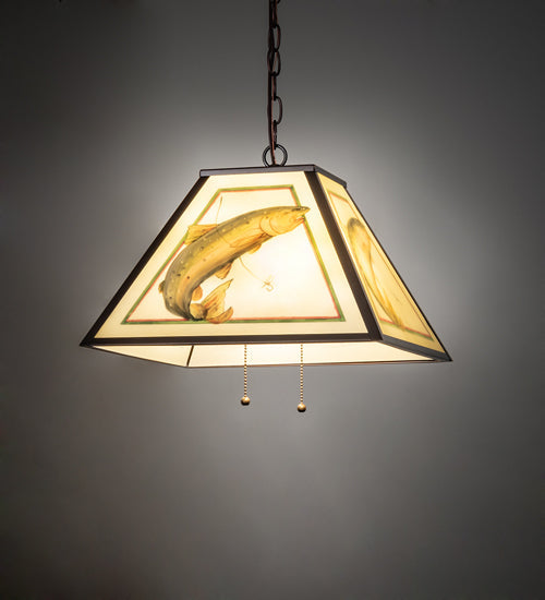 Meyda Lighting Reverse Painted 16" 2-Light Mahogany Bronze Pendant Light With Multi-Colored Trout Shade Glass