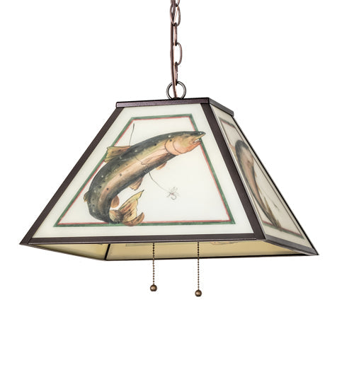 Meyda Lighting Reverse Painted 16" 2-Light Mahogany Bronze Pendant Light With Multi-Colored Trout Shade Glass