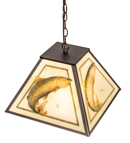 Meyda Lighting Reverse Painted 16" 2-Light Mahogany Bronze Pendant Light With Multi-Colored Trout Shade Glass