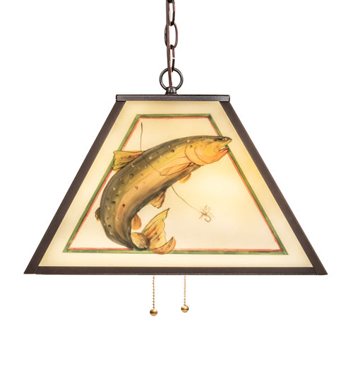 Meyda Lighting Reverse Painted 16" 2-Light Mahogany Bronze Pendant Light With Multi-Colored Trout Shade Glass