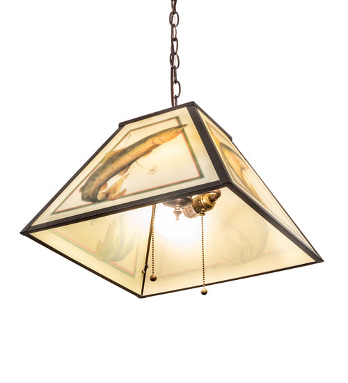 Meyda Lighting Reverse Painted 16" 2-Light Mahogany Bronze Pendant Light With Multi-Colored Trout Shade Glass