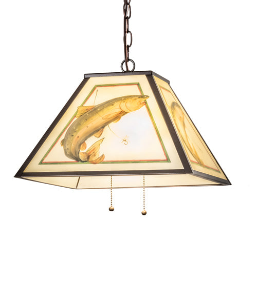 Meyda Lighting Reverse Painted 16" 2-Light Mahogany Bronze Pendant Light With Multi-Colored Trout Shade Glass