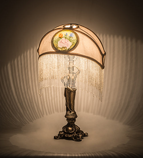Meyda Lighting Reverse Painted 20" Mahogany Bronze Accent Table Lamp With Beige Painted Roses Fabric Shade and Fringe
