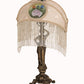 Meyda Lighting Reverse Painted 20" Mahogany Bronze Accent Table Lamp With Beige Painted Roses Fabric Shade and Fringe