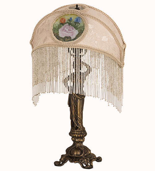 Meyda Lighting Reverse Painted 20" Mahogany Bronze Accent Table Lamp With Beige Painted Roses Fabric Shade and Fringe