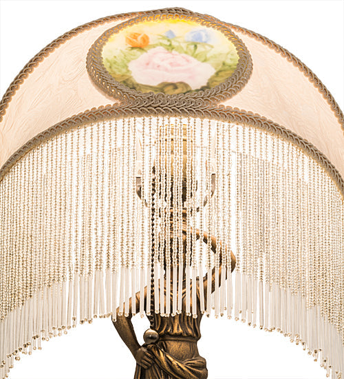 Meyda Lighting Reverse Painted 20" Mahogany Bronze Accent Table Lamp With Beige Painted Roses Fabric Shade and Fringe