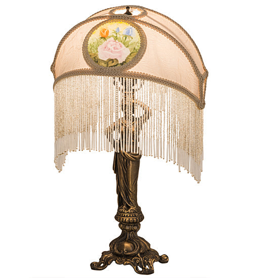 Meyda Lighting Reverse Painted 20" Mahogany Bronze Accent Table Lamp With Beige Painted Roses Fabric Shade and Fringe