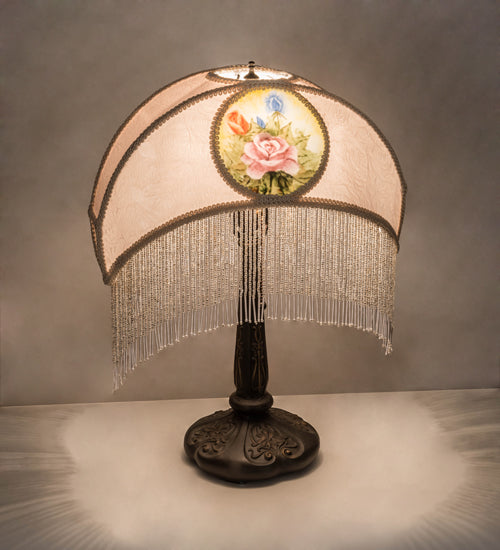 Meyda Lighting Reverse Painted 21" Mahogany Bronze Roses Fabric Table Lamp With Ivory Shade
