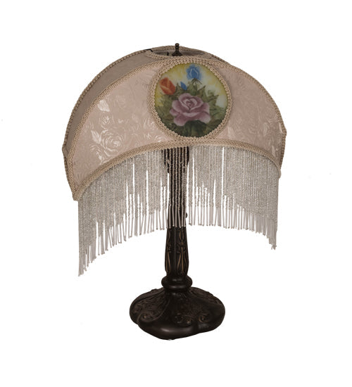 Meyda Lighting Reverse Painted 21" Mahogany Bronze Roses Fabric Table Lamp With Ivory Shade