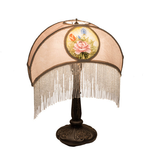 Meyda Lighting Reverse Painted 21" Mahogany Bronze Roses Fabric Table Lamp With Ivory Shade