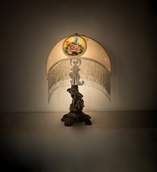 Meyda Lighting Reverse Painted 23" Mahogany Bronze Roses Fabric Table Lamp With Ivory Fringe Shade