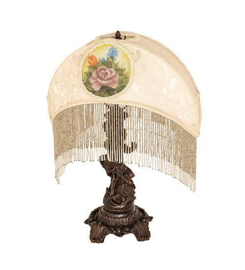Meyda Lighting Reverse Painted 23" Mahogany Bronze Roses Fabric Table Lamp With Ivory Fringe Shade
