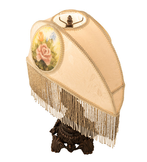 Meyda Lighting Reverse Painted 23" Mahogany Bronze Roses Fabric Table Lamp With Ivory Fringe Shade