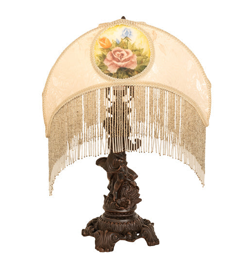 Meyda Lighting Reverse Painted 23" Mahogany Bronze Roses Fabric Table Lamp With Ivory Fringe Shade