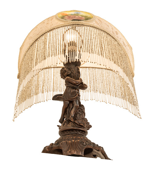 Meyda Lighting Reverse Painted 23" Mahogany Bronze Roses Fabric Table Lamp With Ivory Fringe Shade