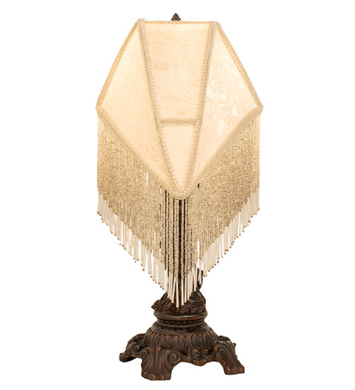 Meyda Lighting Reverse Painted 23" Mahogany Bronze Roses Fabric Table Lamp With Ivory Fringe Shade