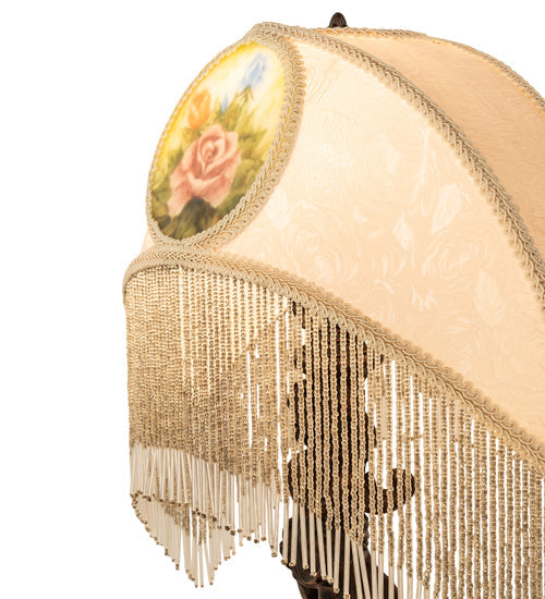 Meyda Lighting Reverse Painted 23" Mahogany Bronze Roses Fabric Table Lamp With Ivory Fringe Shade