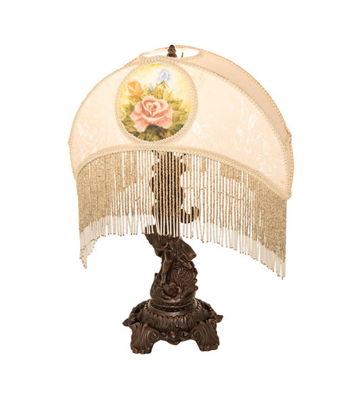 Meyda Lighting Reverse Painted 23" Mahogany Bronze Roses Fabric Table Lamp With Ivory Fringe Shade