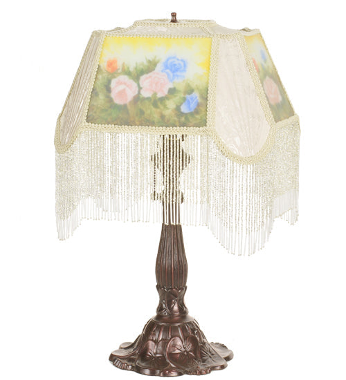 Meyda Lighting Reverse Painted 24" Antique Roses Accent Table Lamp With Ivory Fabric Shade