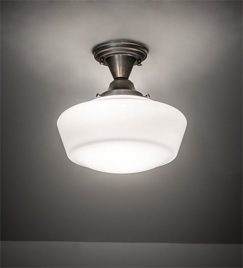 Meyda Lighting Revival 12" Antique Brass Schoolhouse Flush Mount Light With White Opal Traditional Globe Shade Glass