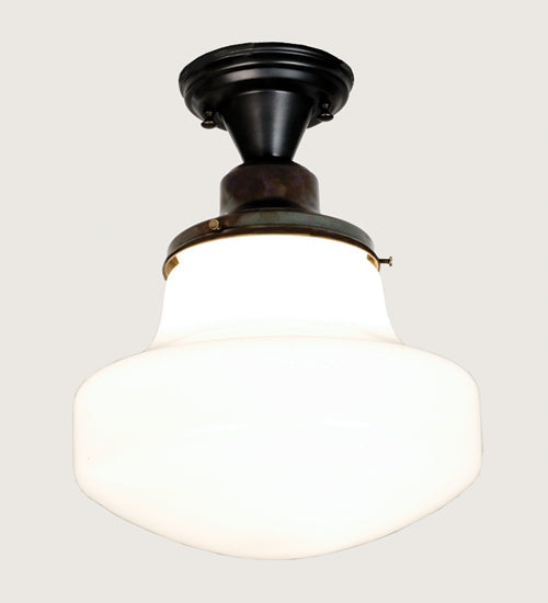 Meyda Lighting Revival 12" Craftsman Brown Schoolhouse Semi-flush Mount Light With White Opal Classic Globe Shade Glass