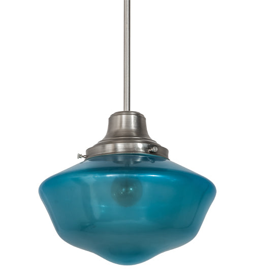 Meyda Lighting Revival 14" Nickel Schoolhouse Pendant Light With Traditional Globe Crystal Blue Shade Glass