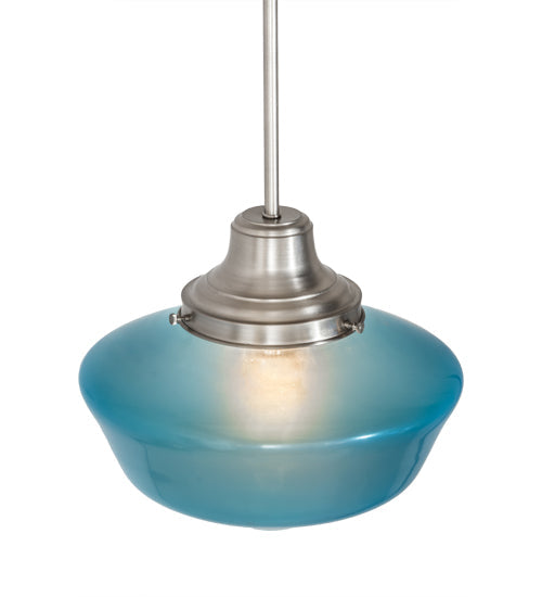 Meyda Lighting Revival 14" Nickel Schoolhouse Pendant Light With Traditional Globe Crystal Blue Shade Glass