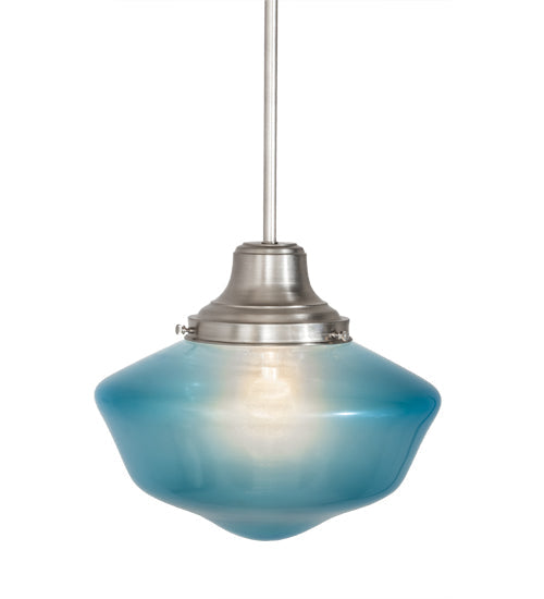 Meyda Lighting Revival 14" Nickel Schoolhouse Pendant Light With Traditional Globe Crystal Blue Shade Glass